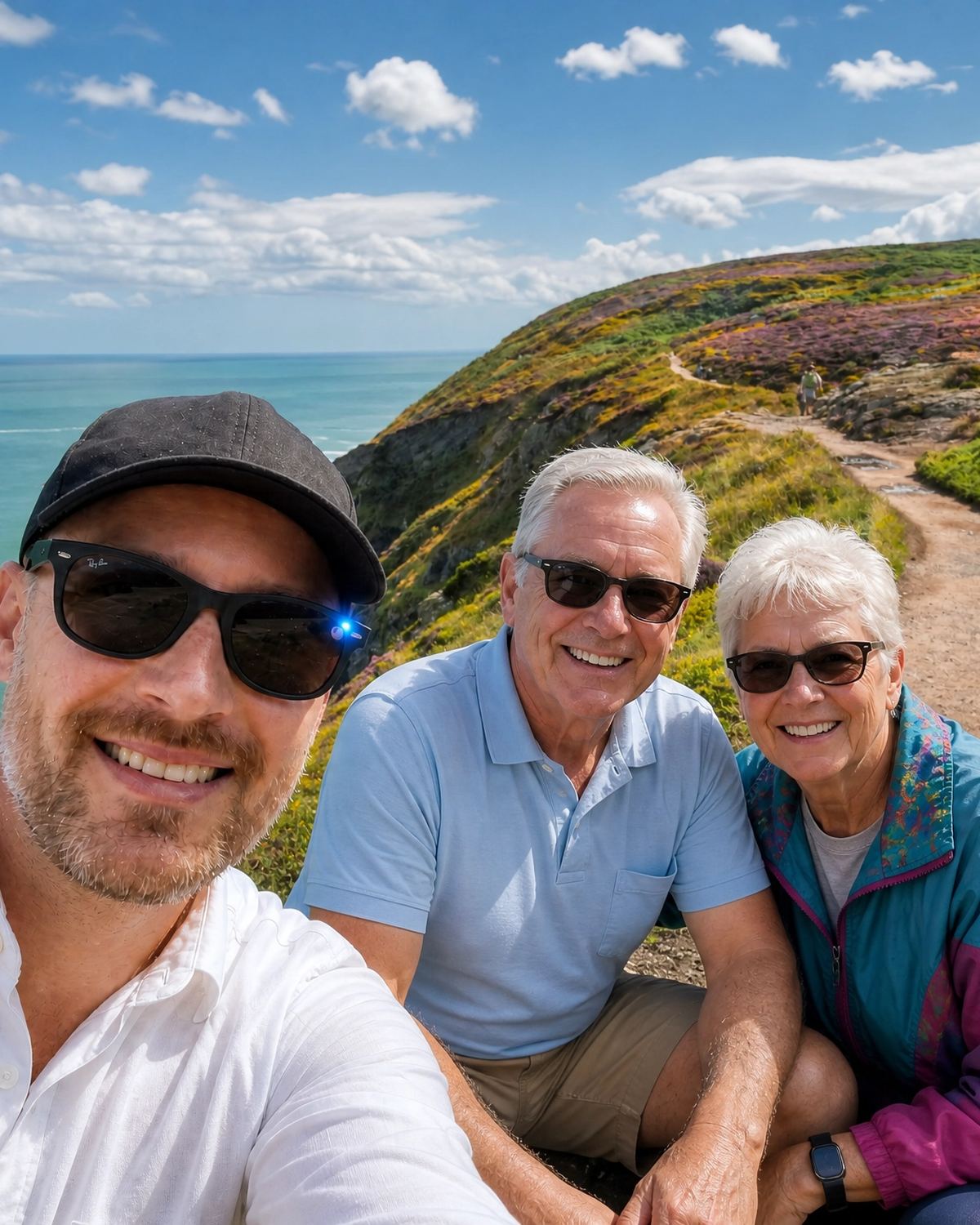 Visitors on the Howth cliff walk with heather-covered headland and sea views