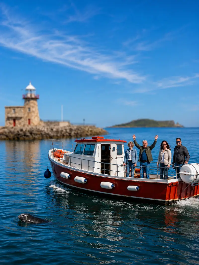 Private Howth photo tour guests at a clifftop viewpoint with Ireland's Eye in the background